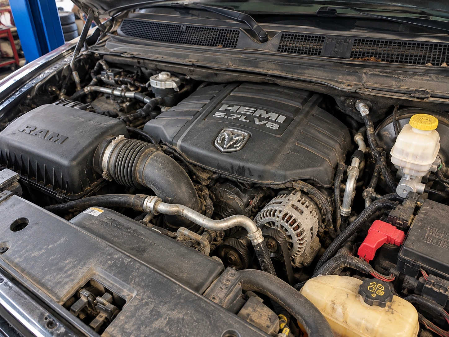 Ram pickup with the hood up, showing the HEMI 5.7L V8 engine cover, alternator and fluid reservoirs